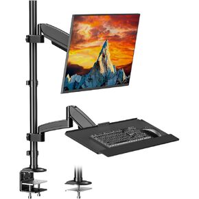 PUTORSEN Sit Stand Monitor Desk Mount for 17-32 inch Screens, Height Adjustable Full-Motion Articulating Arm with Keyboard Tray,19.8 lbs Monitor & 2.2lbs Tray Capacity, C-Clamp & Grommet Mount,Black