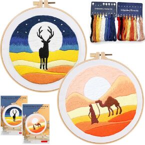 2 Set Embroidery Kit DIY for Adult Beginner, Pre-Stamped Patterns Mountain Sea Embroidery Kits with Hoop, Colored Threads and Needles, Easy to Follow Needlework (Blue) in Kuwait