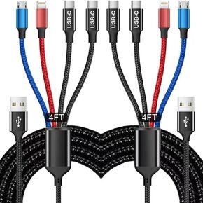 Multi Charging Cable(2Pack 4FT), 4 in 1 Charger Cable Nylon Braided Multiple USB Cable Universal Phone Charging Cord with Type-C, Micro USB, IP Port for iPhone16/15 Series/Cell Phones and More