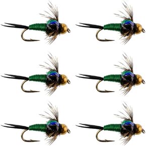 The Fly Fishing Place Bead Head Green Copper John Nymph Fly Fishing Flies - Set of 6 Flies Hook Size 18