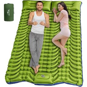 Double Sleeping Pad for Camping, Self Inflating 4" Extra Thick Camping Sleeping Pad for 2 Person with Pillow, Built-in Foot Pump, Portable Sleeping Mat for Backpacking, Hiking, Travel Tent