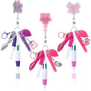 24 Pcs Nurse Pen Set,Including Retractable Badge Reel Holder with ID Clip,Permanent Marker Pen,Highlighter,Retractable Ball Pen,Nursing Keychain Clip,Small Flashlight and Scissors for Nurse