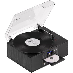 Vinyl Record Player and CD Player Combo, Internet Radio, Treble/Bass Gain, Pitch, USB Recording, Alarm Clock & Sleep, Bluetooth Vintage Turntable with Speakers & EQ, AUX in/Out & RCA Out, Black Wood