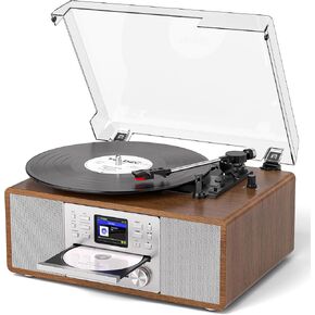 8-in-1 Retro Bluetooth Record Player with Built-in Stereo Speakers | Wireless 3-Speed Turntable for Vinyl, CD, MP3, USB/SD, Internet Radio | Headphone Jack & MP3 Recording | Vintage Multimedia Center