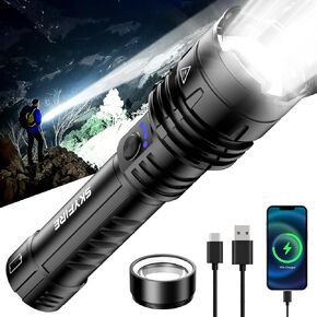 SKYFIRE Rechargeable Flashlights 10000 Real High Lumens with Ignition Lens, LED Super Bright Zoomable Flash Light, 5 Modes Waterproof Handheld Powerful Tactical Flashlight for Emergency Camping Hiking