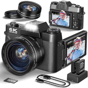 6K Digital Camera for Photography, 64MP Vlogging Camera for YouTube with 3" 180° Flip Screen, 16X Zoom Autofocus Compact Travel Beauty Cameras for Teens, with 32GB TF Card