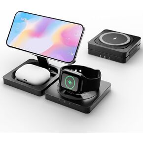 Mag-Safe for iPhone Charger Stand: 3 in 1 Wireless Travel Charging Station Foldable for iPhone 16e 16 15 14 13 12 Pro Max, for Apple Watch Charger Ultra 10 9 8 7 6 Se, for AirPods 4 3 Pro 2