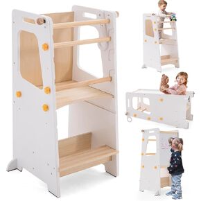 Toddler Learning Tower, Toddler Step Stool with White Board&Convertible Table and Chair, Learning Kitchen Tower Height Adjustable with Safety Rail, Helper Tower for Kids Cooking & Learning