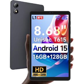 [2025 New Android 15] 8.68" Tablet, Unisoc T615 (8 Core), HD IPS 1340x800, 90Hz Reflex, 350Nit, Widevine L1, 5MP Camera, 4G LTE, 2.4G/5G WiFi, BT5.0, 5500mAh, PD18W, 16GB+128GB(1TB TF)