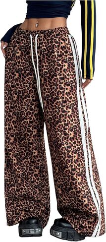 Women's Y2K Leopard Print Pants Drawstring Waist Side Striped Pants Baggy Wide Leg Loose Trousers with Pockets in Saudi Arabia