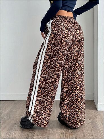 Women's Y2K Leopard Print Pants Drawstring Waist Side Striped Pants Baggy Wide Leg Loose Trousers with Pockets in Saudi Arabia