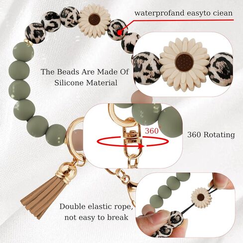 Silicone Beaded Phone Wrist Strap,Phone Bracelet Strap with Tether Tab,Elastic Hands-Free Beaded Keychain Wristlet (Daisy Leopard) in Saudi Arabia