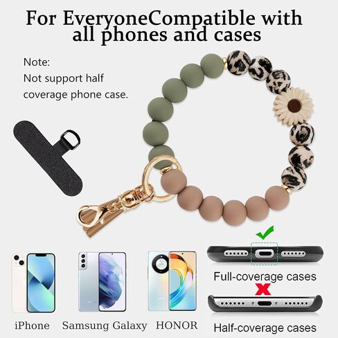 Silicone Beaded Phone Wrist Strap,Phone Bracelet Strap with Tether Tab,Elastic Hands-Free Beaded Keychain Wristlet (Daisy Leopard) in Saudi Arabia