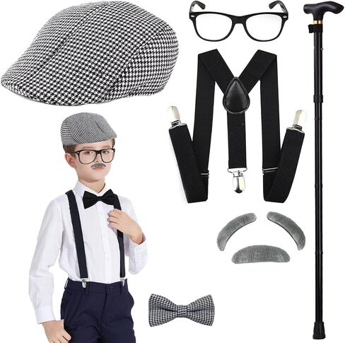 1920s Old Man Costume Set Boys Halloween Cosplay Accessories with Newsboy Hat, Cane, Eyebrows, Suspenders for Kids in Saudi Arabia
