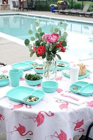 Re-Play Made in USA Toddler Dinnerware Set - 10 oz. Open Cup, 7" Flat Plate, 12 Oz. Bowl, Rounded Tip Fork and Deep Scoop Spoon - Dishwasher/Microwave Safe Plastic Dinnerware Set - Purple in Kuwait