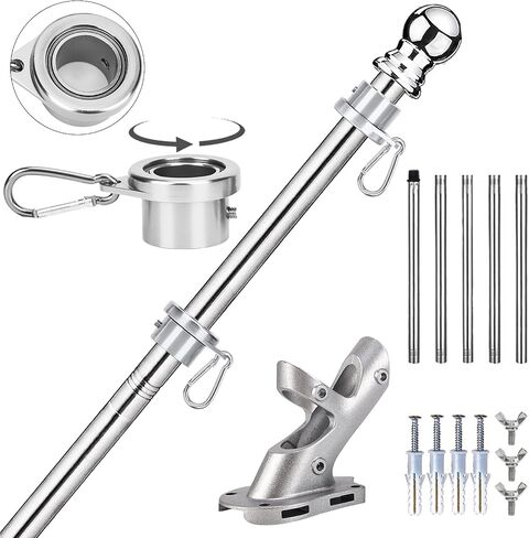 Flag Poles for Outside House, 6 FT Flag Pole Kit with No-Tangle Aluminum Ring Clips and Holder Mounting Bracket, Stainless Steel 1 inch Diameter Flagpole for Boat Dock Porch Sport (1 Pack) in Saudi Arabia