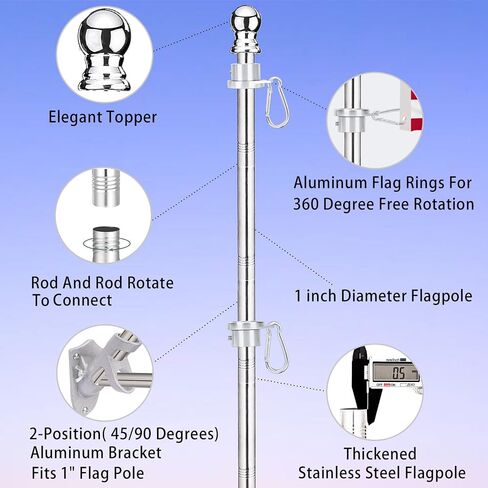 Flag Poles for Outside House, 6 FT Flag Pole Kit with No-Tangle Aluminum Ring Clips and Holder Mounting Bracket, Stainless Steel 1 inch Diameter Flagpole for Boat Dock Porch Sport (1 Pack) in Saudi Arabia
