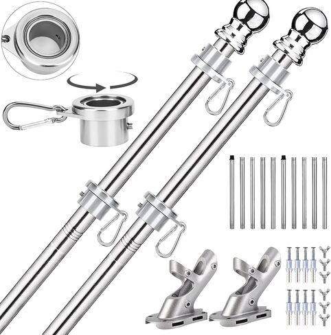 Flag Poles for Outside House, 6 FT Flag Pole Kit with No-Tangle Aluminum Ring Clips and Holder Mounting Bracket, Stainless Steel 1 inch Diameter Flagpole for Boat Dock Porch Sport (1 Pack) in Kuwait