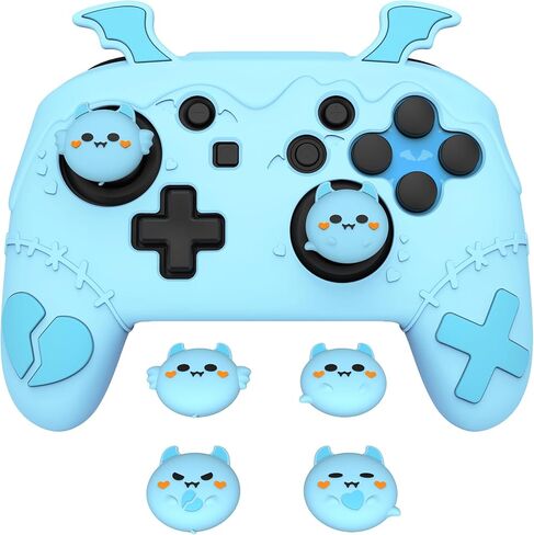 PlayVital Gothic Imp Series Cute Silicone Case for Nintendo Switch Pro Controller with 4 Thumb Grip & 2 Sticker, Non-Slip Anti-Scratch Protective Silicone Skin Cover - Aqua Blue in Kuwait