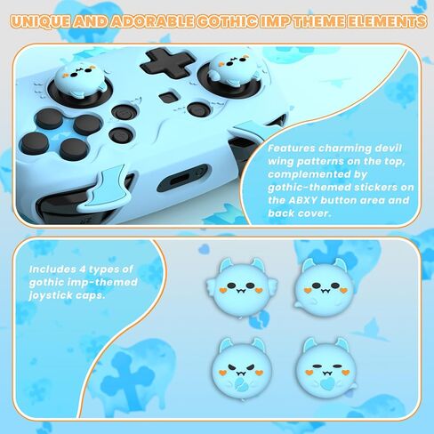 PlayVital Gothic Imp Series Cute Silicone Case for Nintendo Switch Pro Controller with 4 Thumb Grip & 2 Sticker, Non-Slip Anti-Scratch Protective Silicone Skin Cover - Aqua Blue in Kuwait