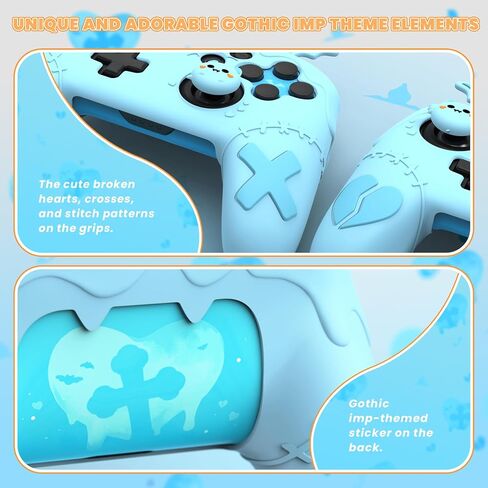 PlayVital Gothic Imp Series Cute Silicone Case for Nintendo Switch Pro Controller with 4 Thumb Grip & 2 Sticker, Non-Slip Anti-Scratch Protective Silicone Skin Cover - Aqua Blue in Kuwait