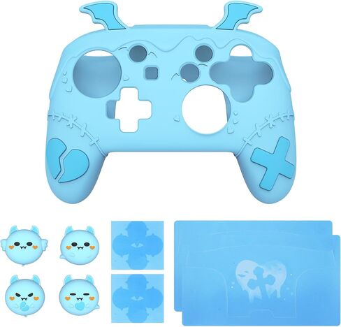 PlayVital Gothic Imp Series Cute Silicone Case for Nintendo Switch Pro Controller with 4 Thumb Grip & 2 Sticker, Non-Slip Anti-Scratch Protective Silicone Skin Cover - Aqua Blue in Kuwait