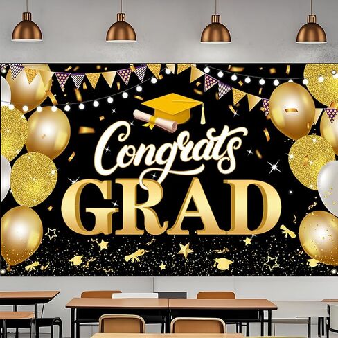 2025 Graduation Backdrop Black Gold Graduation Party Decoration Banner Congrate to Graduates Photo Background 71x 43in(Black Gold) in Saudi Arabia