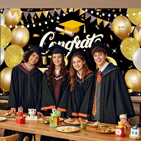 2025 Graduation Backdrop Black Gold Graduation Party Decoration Banner Congrate to Graduates Photo Background 71x 43in(Black Gold) in Saudi Arabia