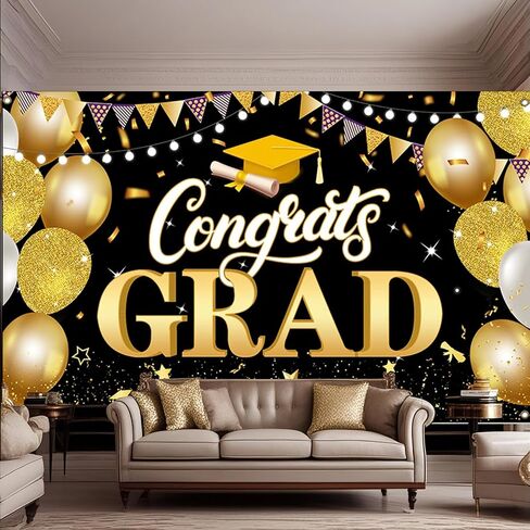 2025 Graduation Backdrop Black Gold Graduation Party Decoration Banner Congrate to Graduates Photo Background 71x 43in(Black Gold) in Saudi Arabia