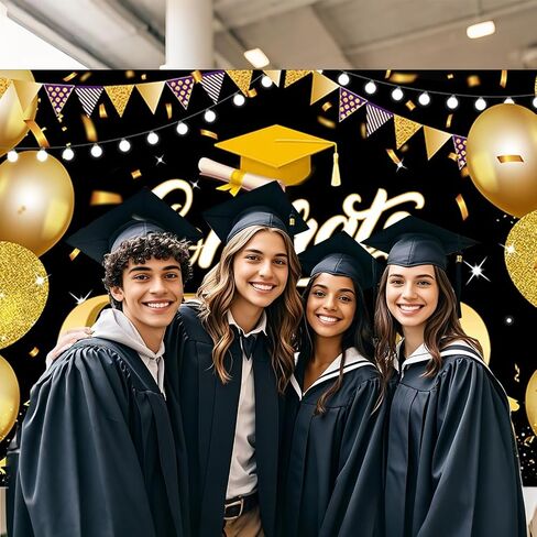 2025 Graduation Backdrop Black Gold Graduation Party Decoration Banner Congrate to Graduates Photo Background 71x 43in(Black Gold) in Saudi Arabia