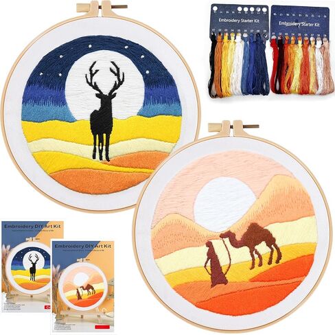 2 Set Embroidery Kit DIY for Adult Beginner, Pre-Stamped Patterns Mountain Sea Embroidery Kits with Hoop, Colored Threads and Needles, Easy to Follow Needlework (Blue) in Kuwait