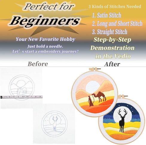 2 Set Embroidery Kit DIY for Adult Beginner, Pre-Stamped Patterns Mountain Sea Embroidery Kits with Hoop, Colored Threads and Needles, Easy to Follow Needlework (Blue) in Kuwait