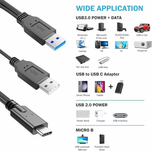 USB 3.0 نوع الطاقة المزدوجة من النوع A إلى Micro B عالي السرعة حتى 5 جيجابت في الثانية كابل نقل البيانات لمحركات الأقراص الصلبة الخارجية in Kuwait