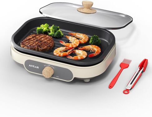 AORAN 600W Dual-Zone Electric Skillet - 12x8 Inch Nonstick Griddle Pan with Flat & Ribbed Grill Sections, Fast Heating, Smoke-Free Design, Includes Lid/Oil Brush/Food Tongs (Stainless Steel) White in Saudi Arabia