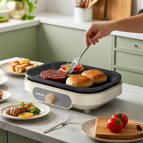 AORAN 600W Dual-Zone Electric Skillet - 12x8 Inch Nonstick Griddle Pan with Flat & Ribbed Grill Sections, Fast Heating, Smoke-Free Design, Includes Lid/Oil Brush/Food Tongs (Stainless Steel) White in Saudi Arabia