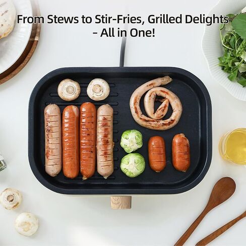 AORAN 600W Dual-Zone Electric Skillet - 12x8 Inch Nonstick Griddle Pan with Flat & Ribbed Grill Sections, Fast Heating, Smoke-Free Design, Includes Lid/Oil Brush/Food Tongs (Stainless Steel) White in Saudi Arabia