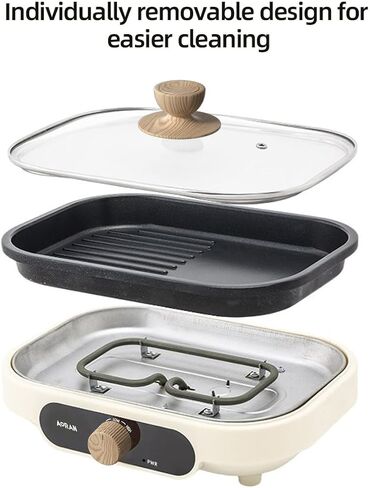 AORAN 600W Dual-Zone Electric Skillet - 12x8 Inch Nonstick Griddle Pan with Flat & Ribbed Grill Sections, Fast Heating, Smoke-Free Design, Includes Lid/Oil Brush/Food Tongs (Stainless Steel) White in Saudi Arabia