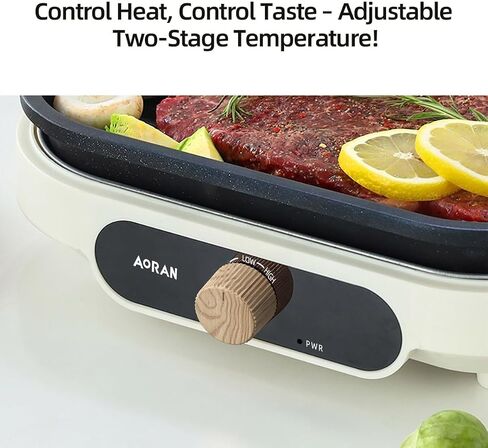 AORAN 600W Dual-Zone Electric Skillet - 12x8 Inch Nonstick Griddle Pan with Flat & Ribbed Grill Sections, Fast Heating, Smoke-Free Design, Includes Lid/Oil Brush/Food Tongs (Stainless Steel) White in Saudi Arabia