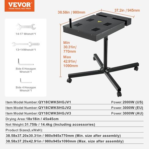 VEVOR 16x16 inch 1800W Flash Dryer for Screen Printing, 0-750℉ Temperature Control, with Height Adjustable Stand, 360° Rotation, T-Shirt Curing Machine, Pro 16x16Inch, Black in Saudi Arabia