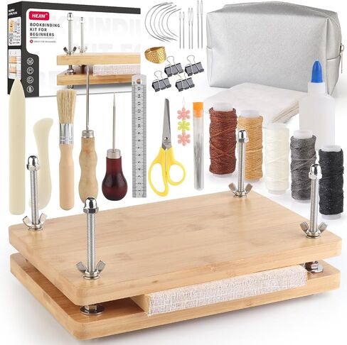 HEJIN 36 PCS Book Binding Kits, Bamboo Wood Book Press with Book Binding Glue, Awl, Plastic Bone Folder, Waxed Thread, Book Binding Materials for Beginners Bookbinding Supplies, 11.6 x 7.8 Inch in Saudi Arabia