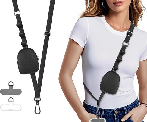 Adjustable Clip and Go Strap with Zippered Pouch Phone Lanyard Crossbody With Wallet for Shopping&Travel Anti-Theft Phone Strap with 1*clasp 2* Clear Lanyard Tether Tabs(Black) in Saudi Arabia