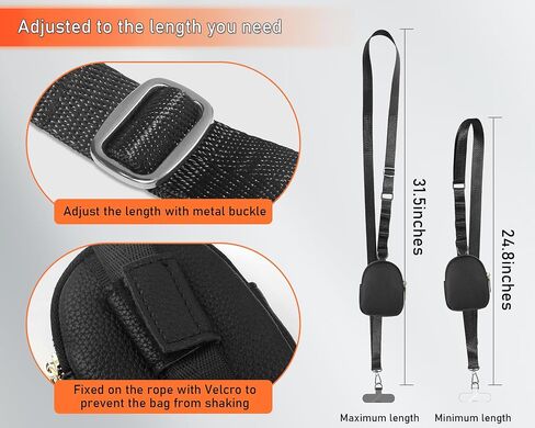 Adjustable Clip and Go Strap with Zippered Pouch Phone Lanyard Crossbody With Wallet for Shopping&Travel Anti-Theft Phone Strap with 1*clasp 2* Clear Lanyard Tether Tabs(Black) in Saudi Arabia
