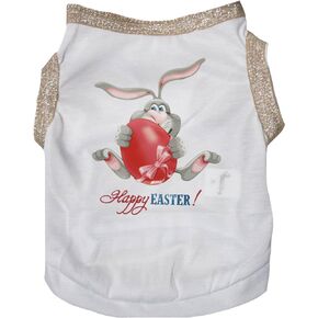 Petitebella Bunny Egg Happy Easter Puppy Dog Shirt (White/Beige Hemmed, Large)