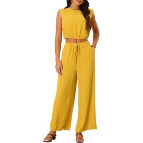 Women's Summer 2 Piece Outfits Sleeveless Round Neck Crop Top Tank and High Waist Wide Long Pants Set