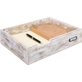 MyGift Rustic White Desktop Letter Tray - Shabby Whitewashed Wood Inbox Holder, Desk Paper File Folder Organizer Box with Metal Label