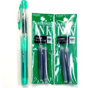 Platinum Fountain Pen, New Preppy, Fine Nib, Green (PSQ-300#41) + Ink Cartridges SPN-100A#41 (Green) Set (Japan Import) [Komainu-Dou Original Package]
