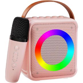Mini Karaoke Machine for Kids Adults, Portable Bluetooth Speaker with Wireless Microphones, Microphone Speaker Set with LED Lights for Home Party, Birthday Gifts for Girls Boys Kid(Pink)