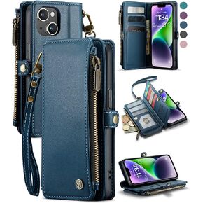 Defencase Compatible with iPhone 14 Plus Case Wallet with RFID Blocking Card Holder for Women Men, PU Leather Magnetic Snap Flip Zipper Strap Wallet Phone Case Fit for iPhone 14 Plus 6.7", Rose Pink