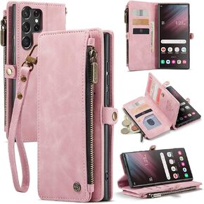 Defencase for Samsung Galaxy S23 Ultra Case, for Galaxy S23 Ultra Case Wallet for Women and Men, Durable PU Leather Magnetic Flip Strap Zipper Card Holder Phone Case for Samsung S23 Ultra 6.8", Coffee