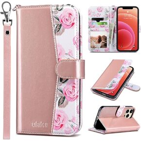 ULAK Compatible with iPhone 13 Pro Max Wallet Case for Women with Credit Card Holders, Flower Pattern Flip PU Leather Kickstand Shockproof Protective Phone Cover for iPhone 13Pro Max 6.7'', Rose Gold